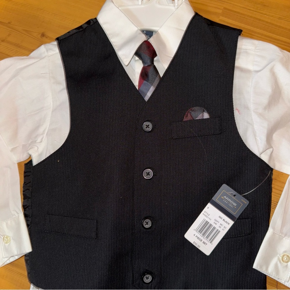 ARROW Boy’s 4 piece formal  set -  black pants, pinstripe vest, tie NWT